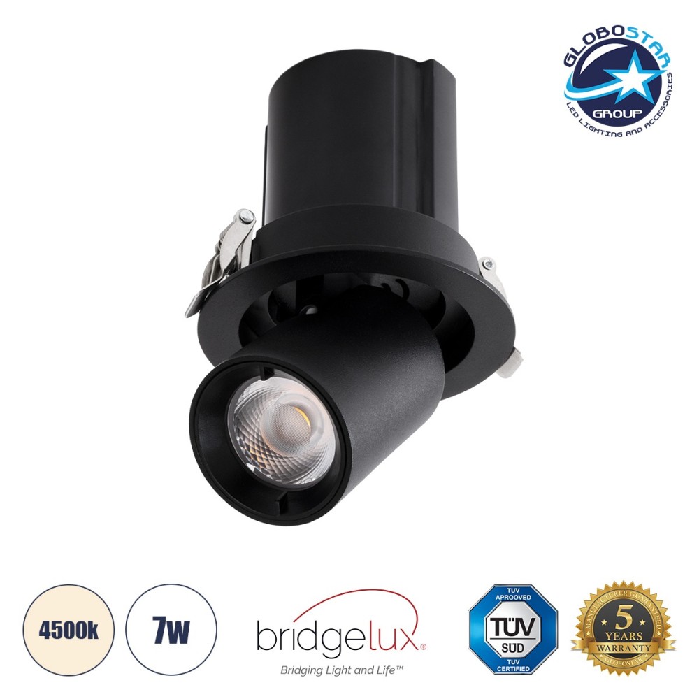 GLOBOSTAR® VIRGO-S 60304 Χωνευτό Κινούμενο Downlight Σποτ LED 7W 910lm 36° AC 220-240V IP20 Φυσικό Λευκό 4500K - Bridgelux COB Chip & TÜV SÜD Driver - Μαύρο Ματ - Μ9 x Π9 x Υ9cm - Q7.8cm - 5 Χρόνια Εγγύηση
